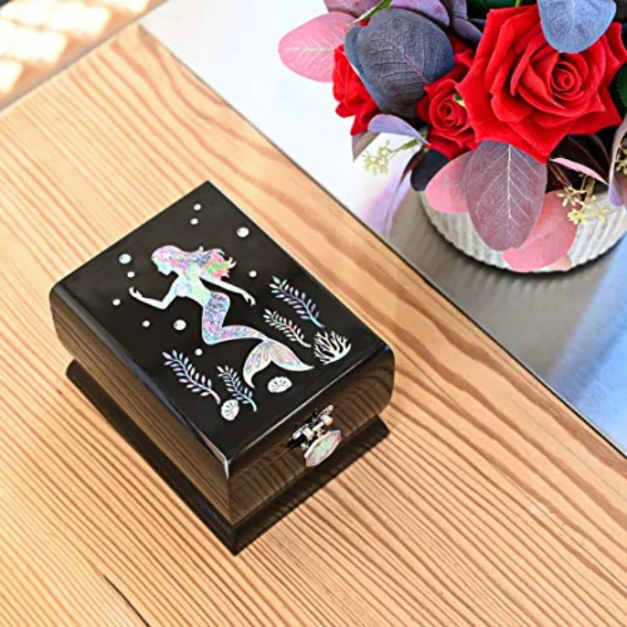 Jewelry Box Two Levels Removable Ring Tray Mermaid Black