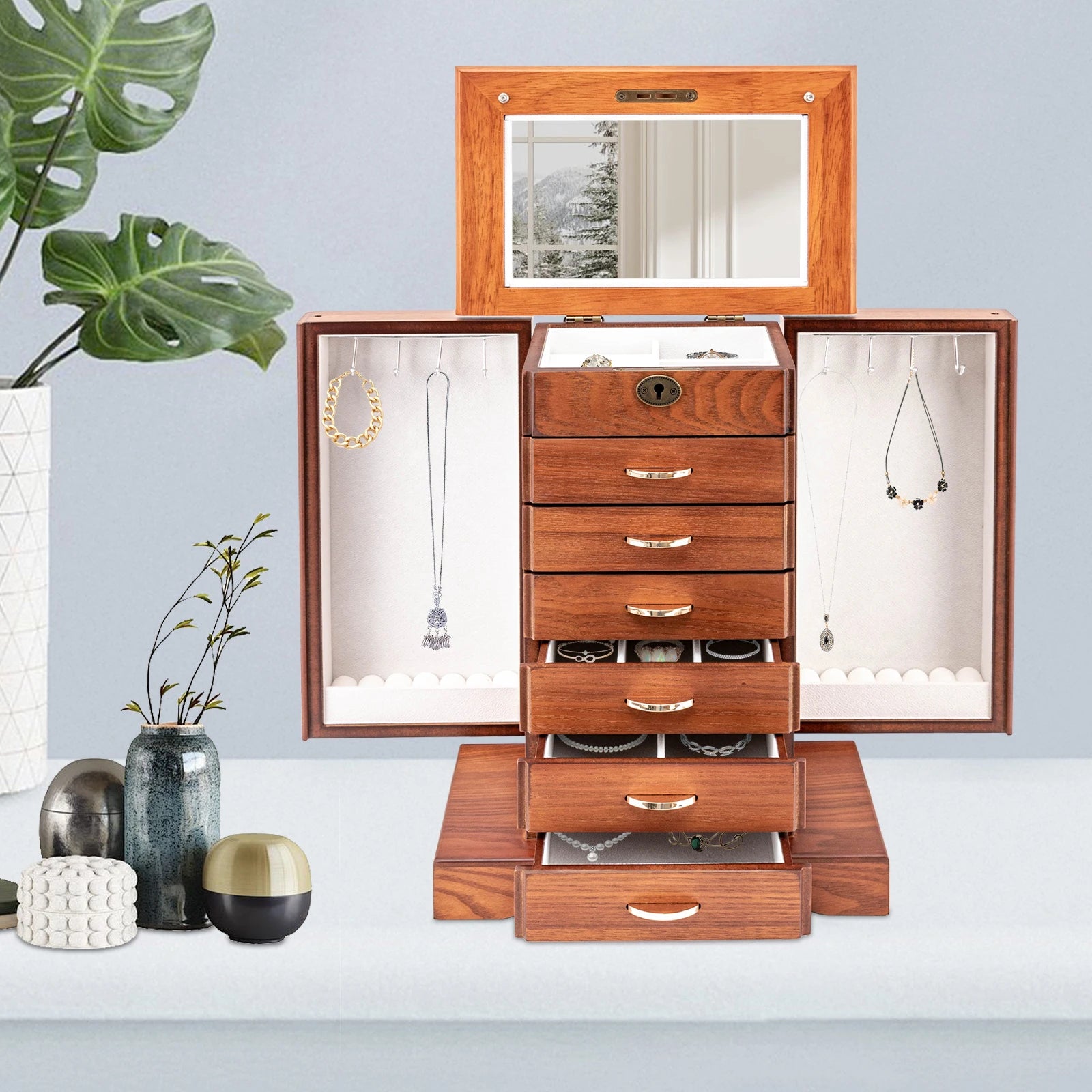 Retro Walnut Jewelry Box 7 Layers MDF Flocking Cloth Lining Rectangular Key Lock Free standing Grinding Painted