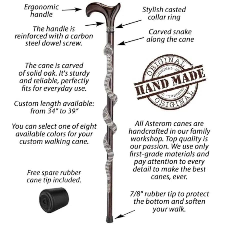 Asterom Luxury Hand-Painted Rattlesnake Walking Cane for Men and Women - Unique Wooden Carved Snake Walking Stick in Brown with