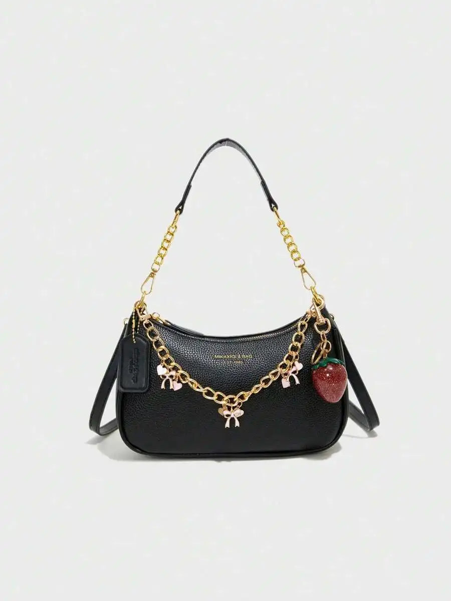 Black Pebbled PU Crescent Shoulder Bag with Gold Chain & Cherry Charm