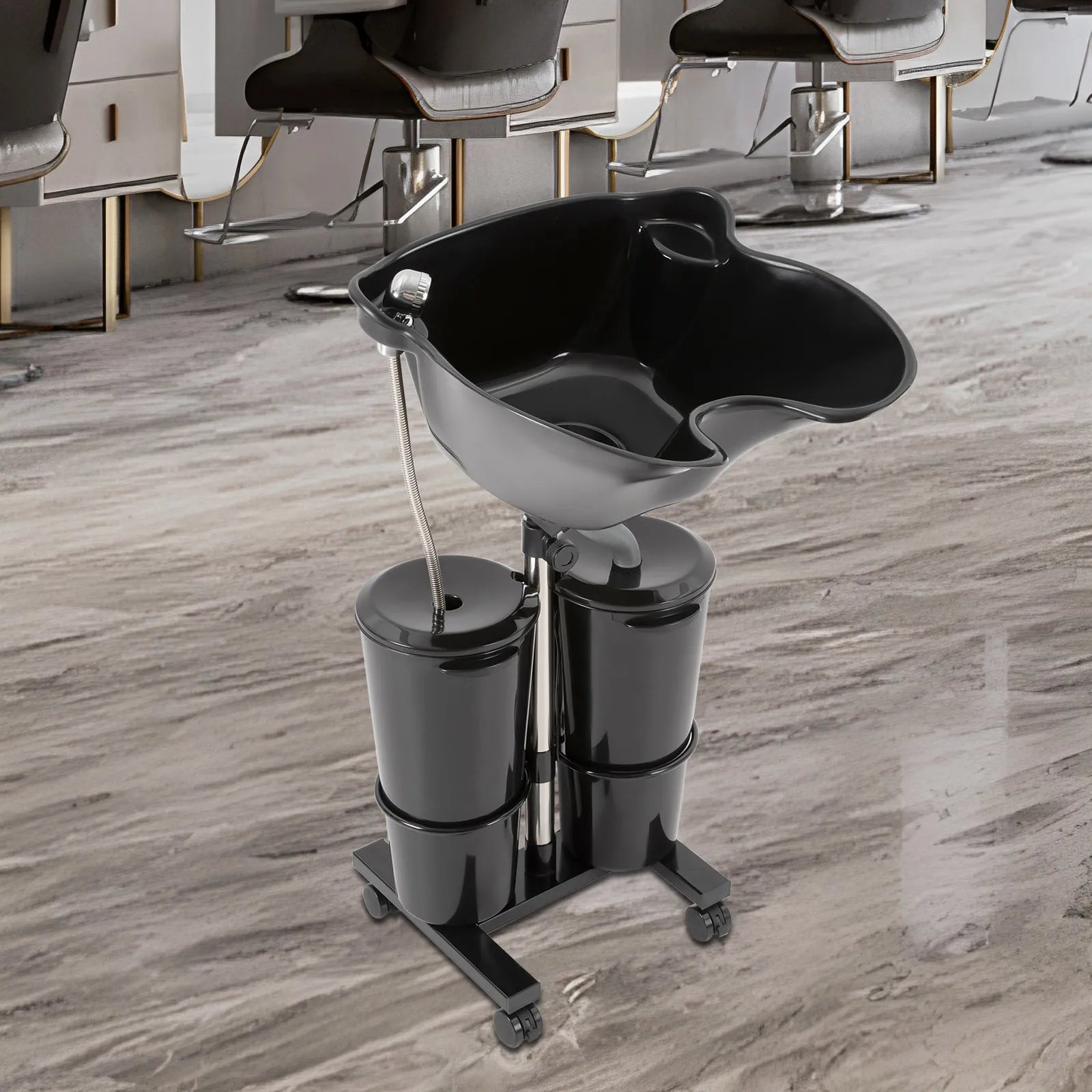 Portable Shampoo Bowl with 2 Buckets Adjustable Height & 270° Salon Hair Washing Sink for Elderly, Pregnant, Home Salon