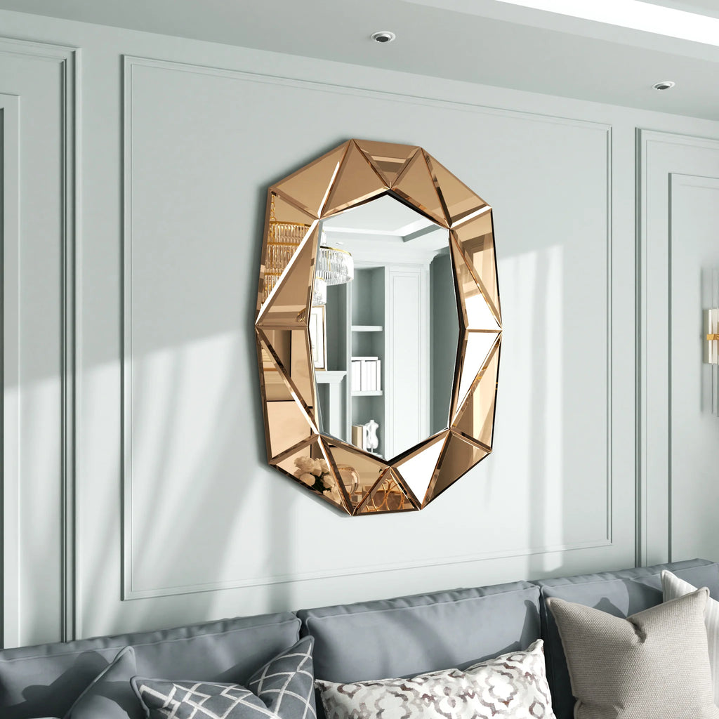 Stylish Irregular Silver Glass Wall Mirror with Beveled Diamond Edge Accents Perfect Decor for Living Room, Bedroom Entryway