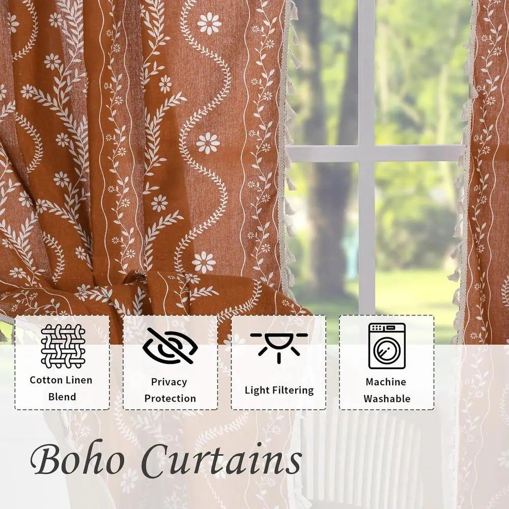 Vintage Farmhouse Style Linen Semi-Sheer Curtains, 84 Burnt Orange Floral Print for Living Room