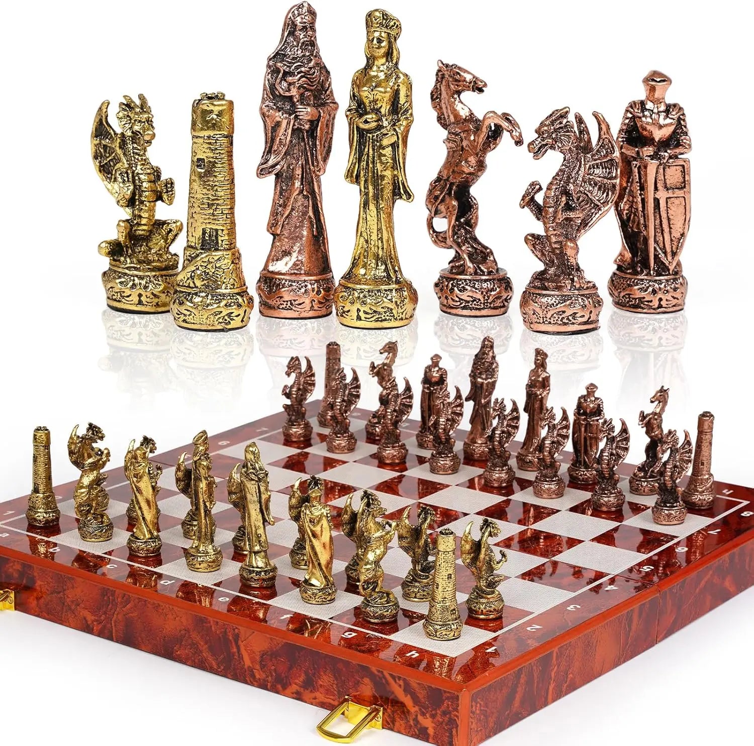 Vintage Metal Chess Set 15'' Wooden Board - Travel Friendly Collectible Game for Adults & Kids