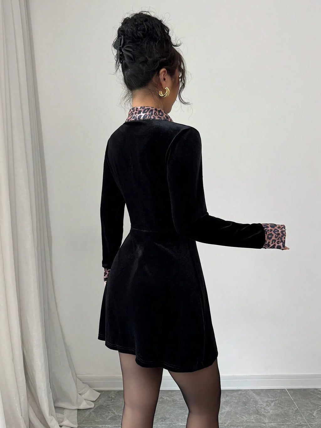 Selianne Leopard Velvet Black Elegant Romantic Minimalist Loose Fit Dress For Women Fall Cloth For Women