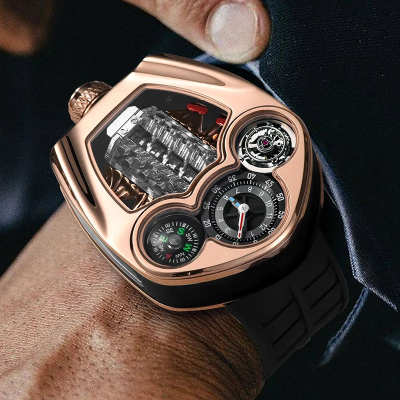 PINDU Design New Top Brand Men's Quartz Wristwatches Engine Engine Silicone Strap Compass Waterproof Watch For Men Watches