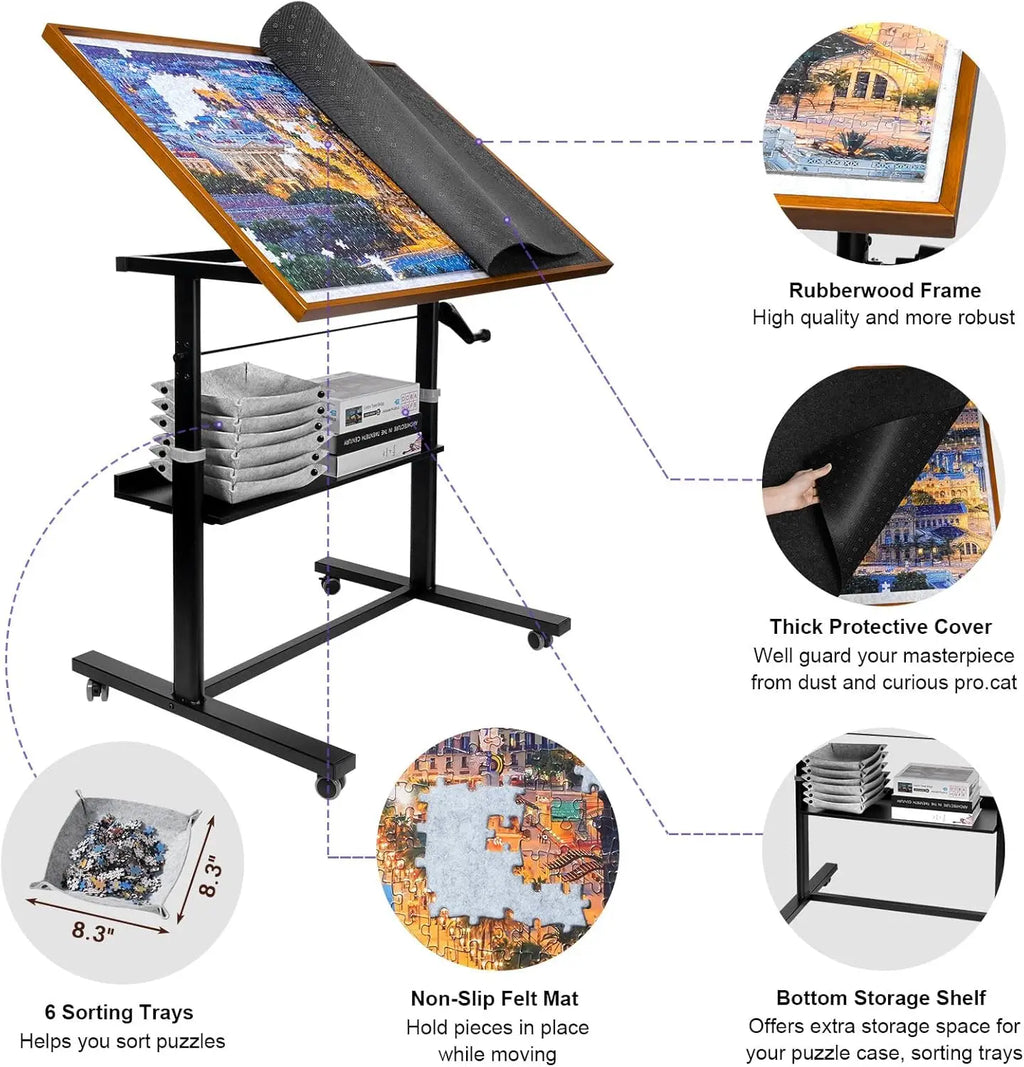 1500 Pieces Jigsaw Puzzle Table with Legs, 36"x26" Adjustable Height Puzzle Board with Cover & 6 Sorter Tray, 12-Tilting-Angle P