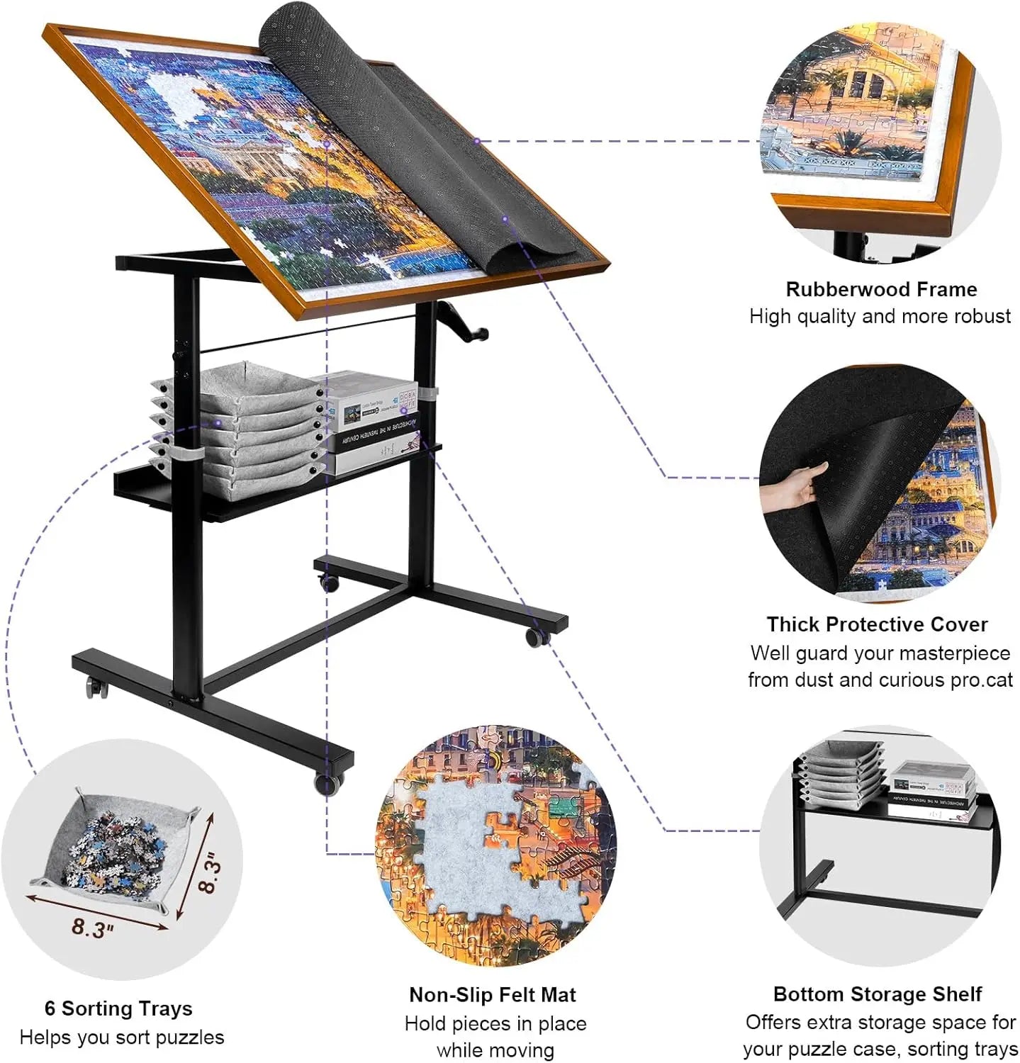 1500 Pieces Jigsaw Puzzle Table with Legs, 36"x26" Adjustable Height Puzzle Board with Cover & 6 Sorter Tray, 12-Tilting-Angle P