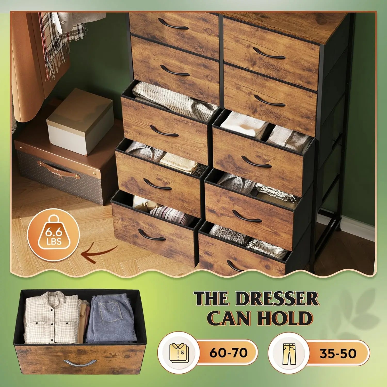 Tall Fabric Dresser with 10 Drawers, Metal Frame, Rustic Brown Wood Grain Print for Bedroom Storage