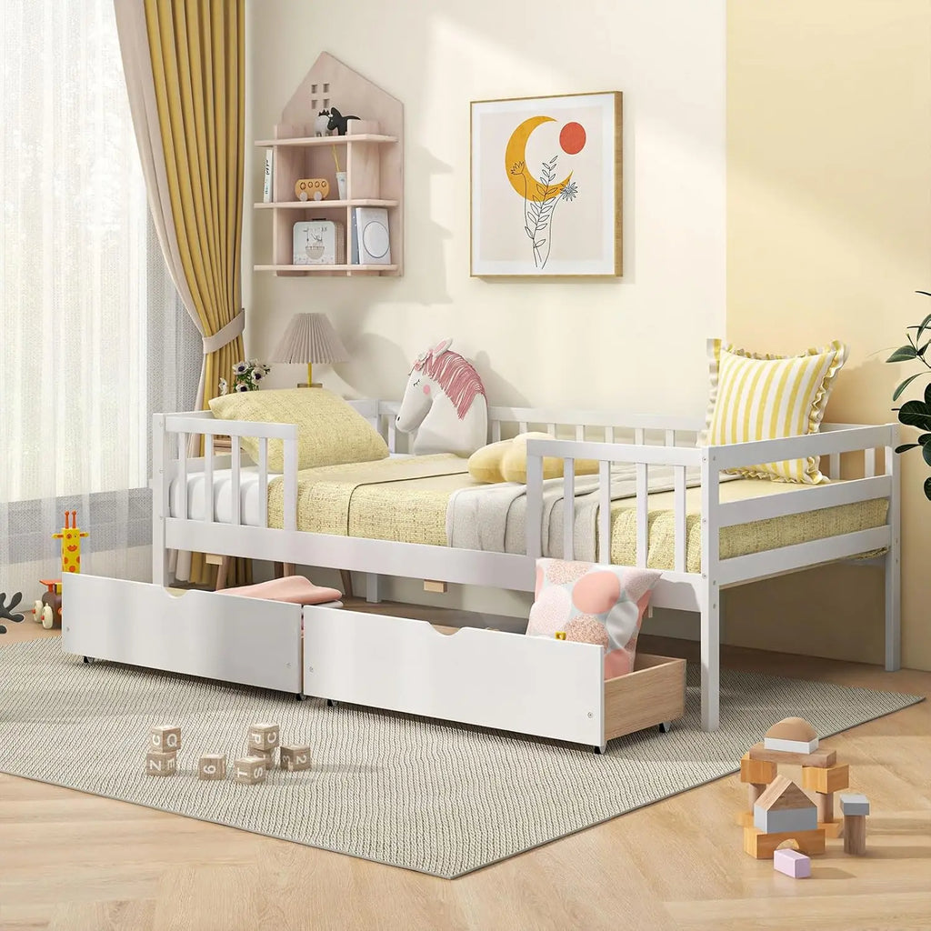 Twin Kids Bed with Storage Drawers, Wood Montessori Bed with Rails & Side Shelf, Low Daybed for Boys Girls, No Box Spring Needed
