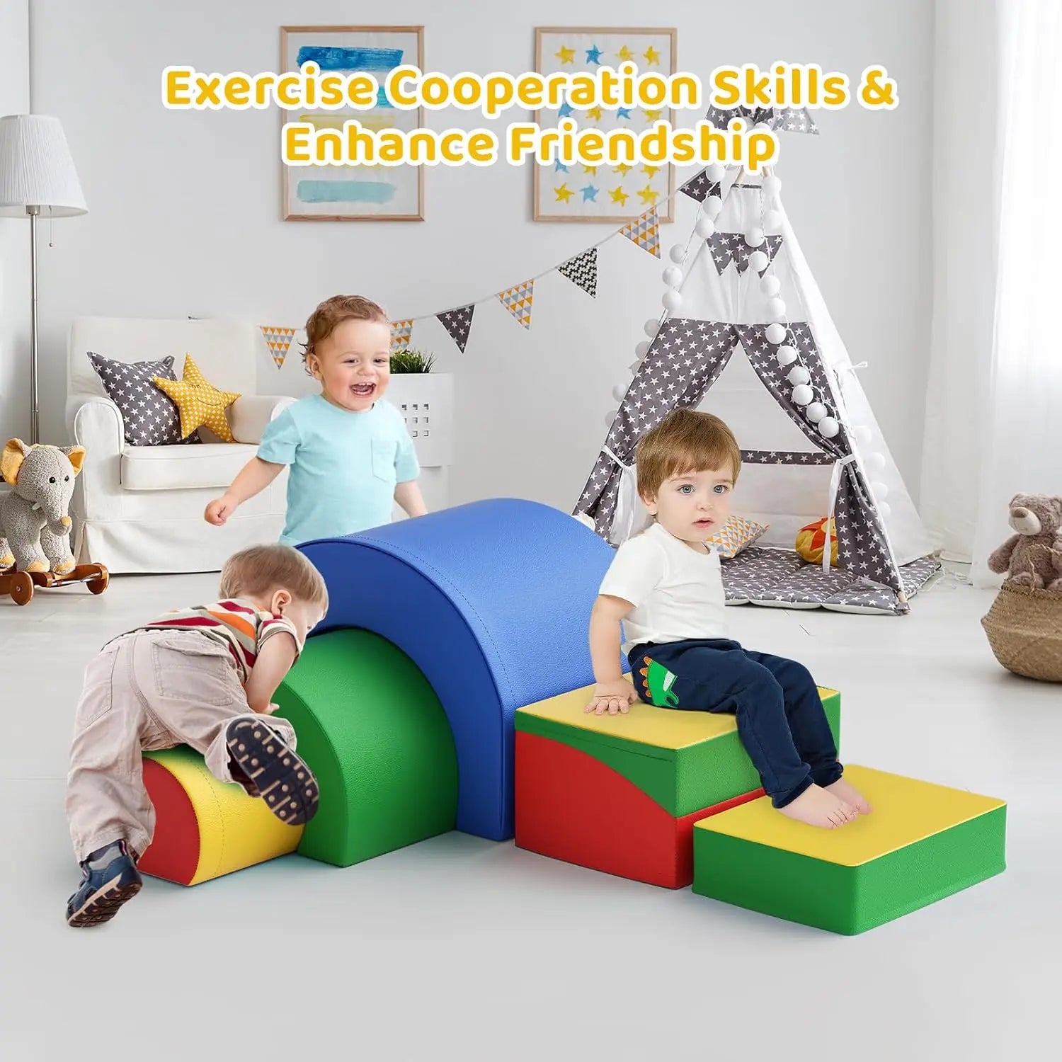 Foam Climbing Blocks, Soft Climbing Toys for Toddlers, 5 Pieces Crawl and Climb Foam Playset with Foldable Block and Tunnel, Ind