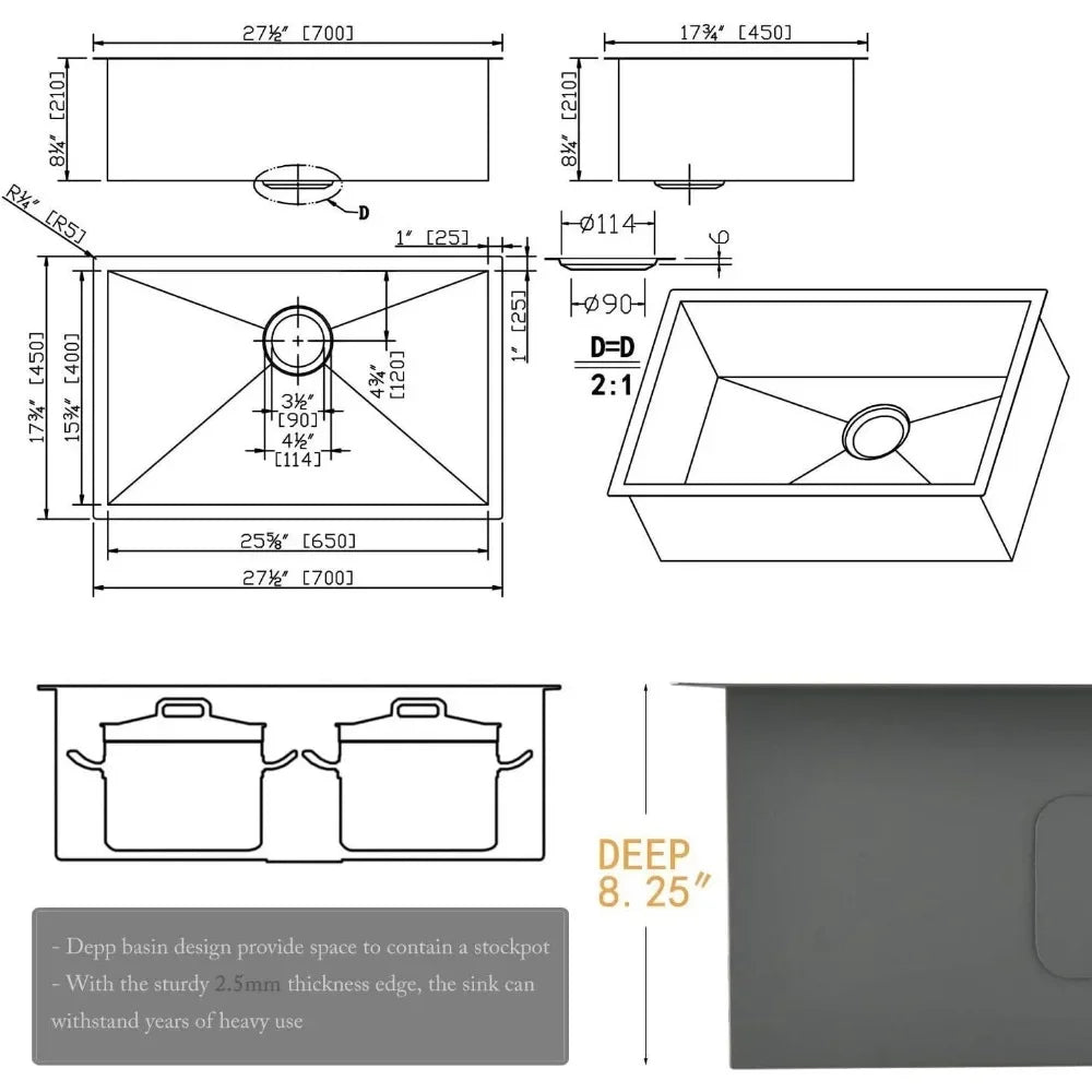 28 Inch Black Undermount Kitchen Sink, 9 Inch Deep Stainless Steel Single Bowl Kitchen Sink, Gauge  Nano Undermount Sinks
