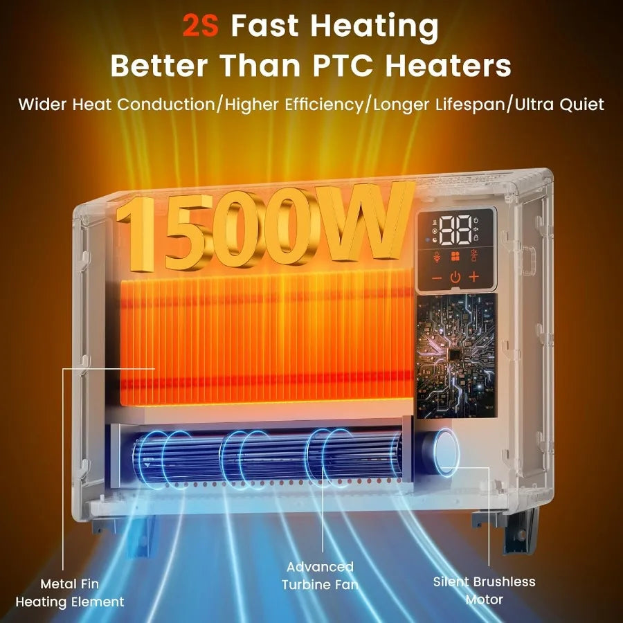 Smart Wall Heater 1500W Wireless Remote Control Electric Space Heater for Indoor Use Wall Mounted Floor Heating with Thermostat