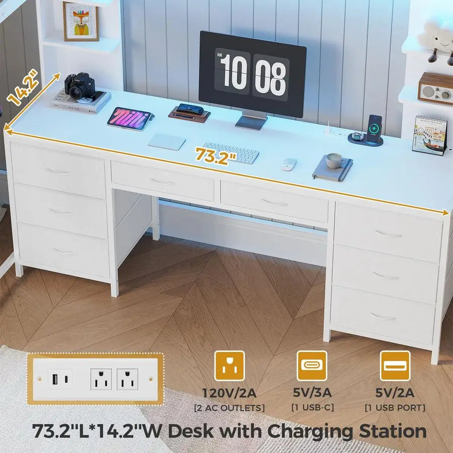 Full Size Loft Bed with Desk and 8 Storage Drawers, Metal Loft Beds Full with LED Lights amp Charging Sation, Heavy Duty Loft Be