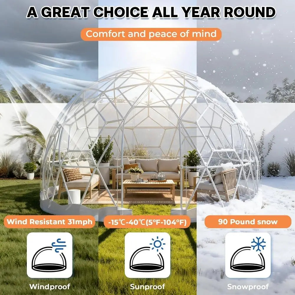 12ft x 7.2ft Geodesic Dome Greenhouse Tent with Clear PVC Cover and Waterproof Feature, Includes 2x10m Light Strings