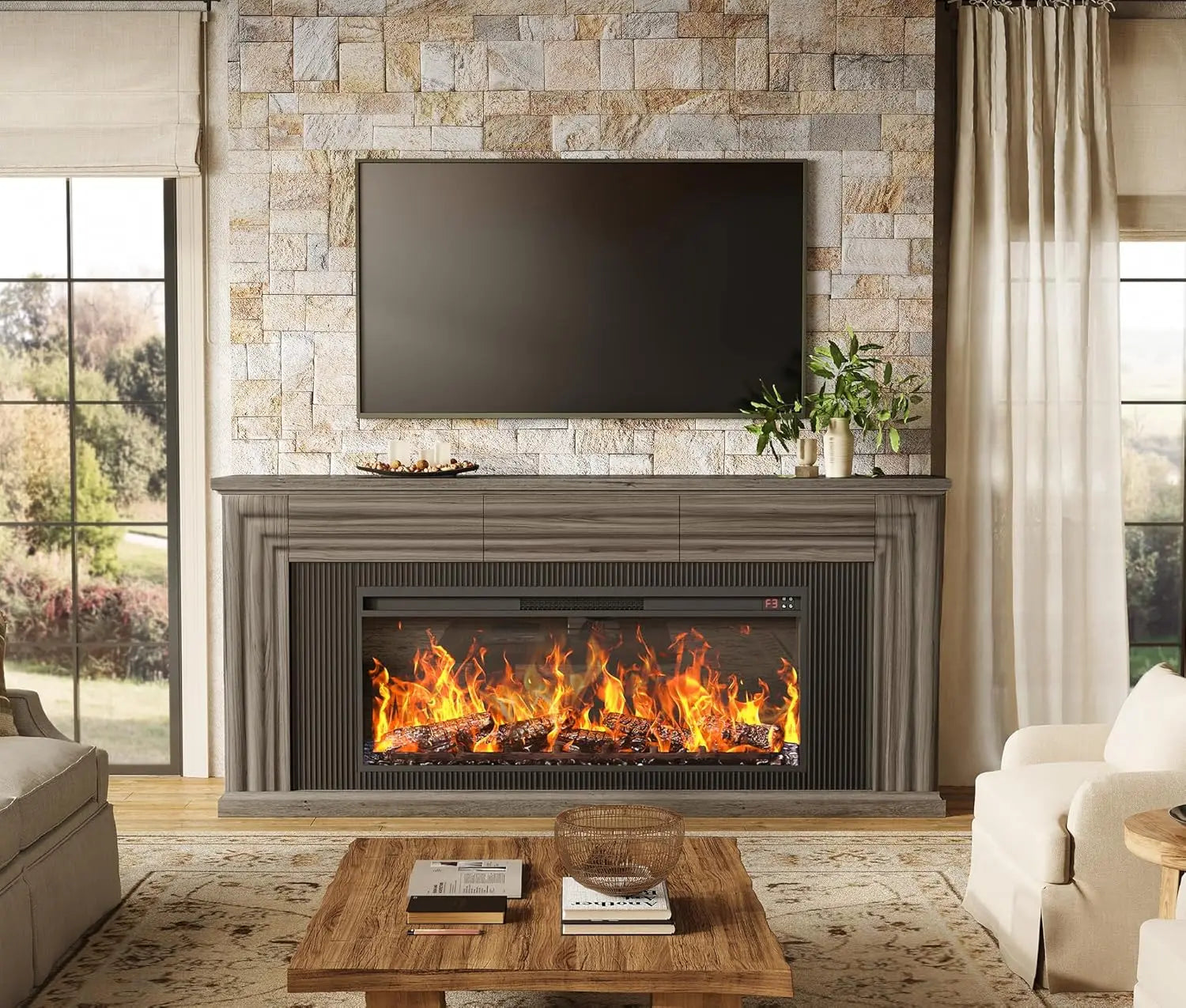 70'' Fireplace TV Stand with 42'' Electric Fireplace, Farmhouse TV Stand for 65 75 Inch TV, Entertainment Center TV Console with