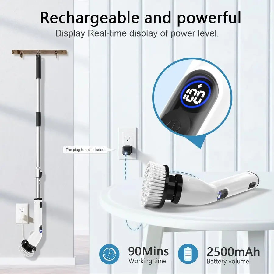 Electric Spin Scrubber, FullBody IPX7 Waterproof Bathroom Scrubber with Power LCD Display, Adjustable Extension Handle, Cordless
