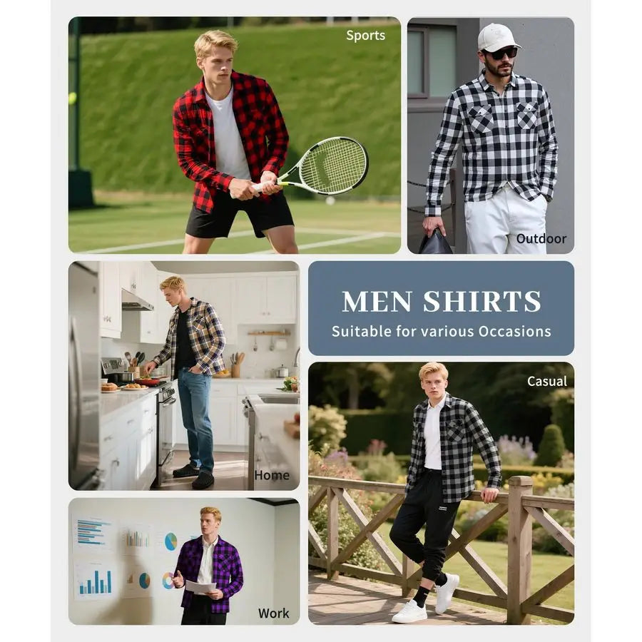Plaid Flannel Shirts Long Sleeve Casual Button Down Collar Jackets for Men with Pockets