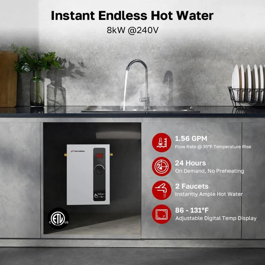 Tankless Water Heater Electric 8kW at 240 Volt On Demand Instant Hot Water Heater for Point of Use Self-Modulating Save Energy