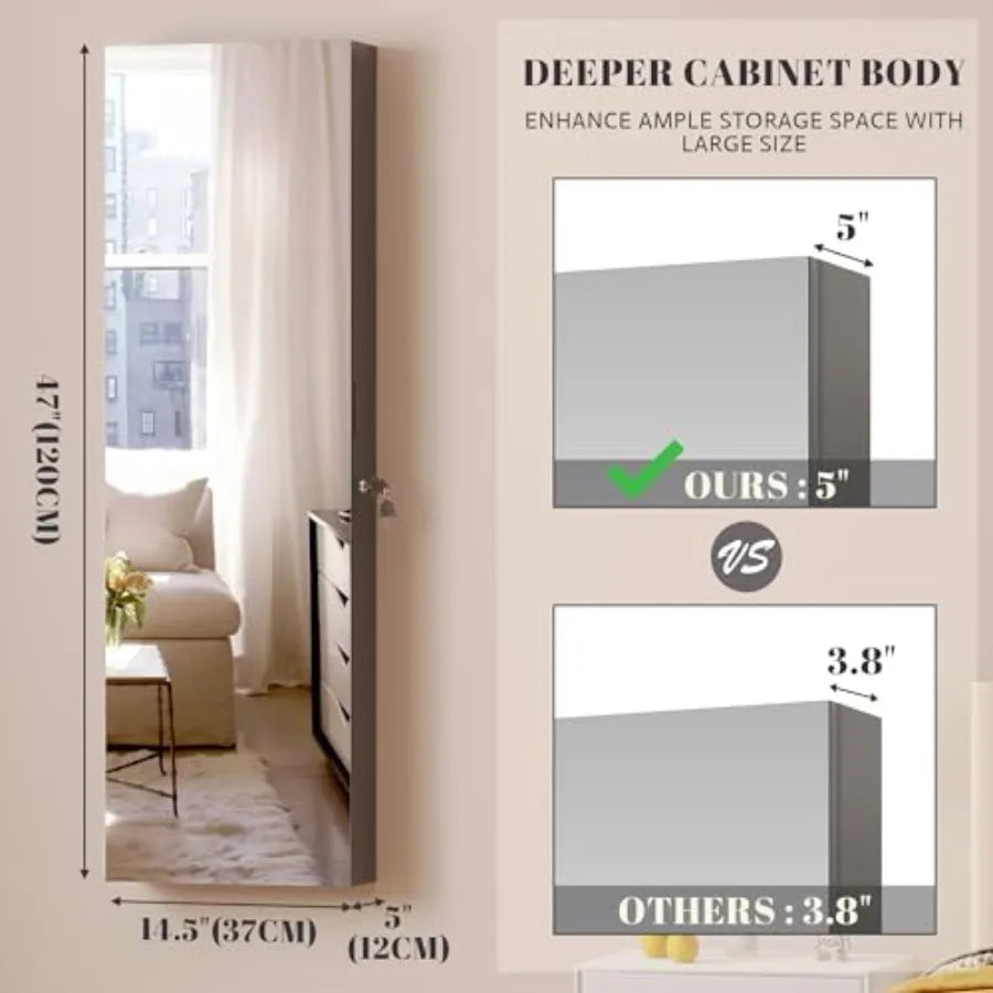 47.2" LED Grey Jewelry Mirror Cabinet Wall/Door Mounted Jewelry Armoire Organizer with Full-Length Mirror Large Capacity Storag
