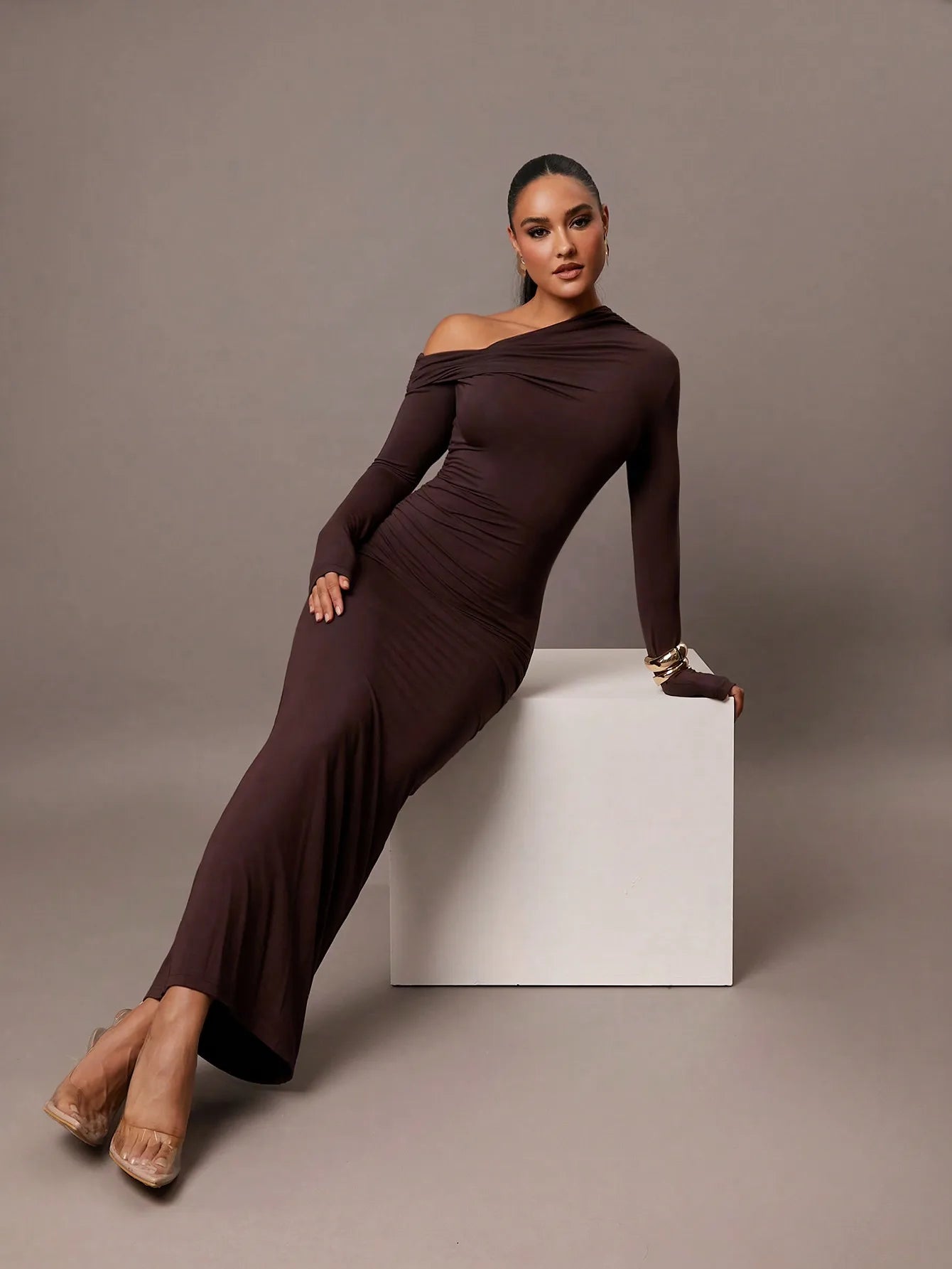 Solid Color Stretch Knitted, Sloping Shoulder Collar, Romantic Date, Autumn And Winter Bottoming Knitted Dress,