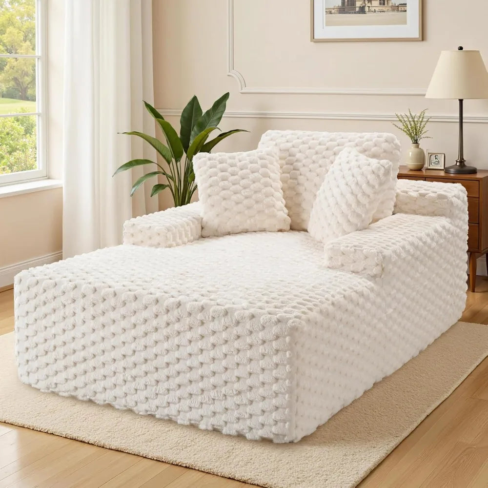 67 Chaise Lounge Sofa, Faux Fur Sleeper Chaise with Armrests and Throw Pillows, No-Assembly Couch for Living Room or Apartment.