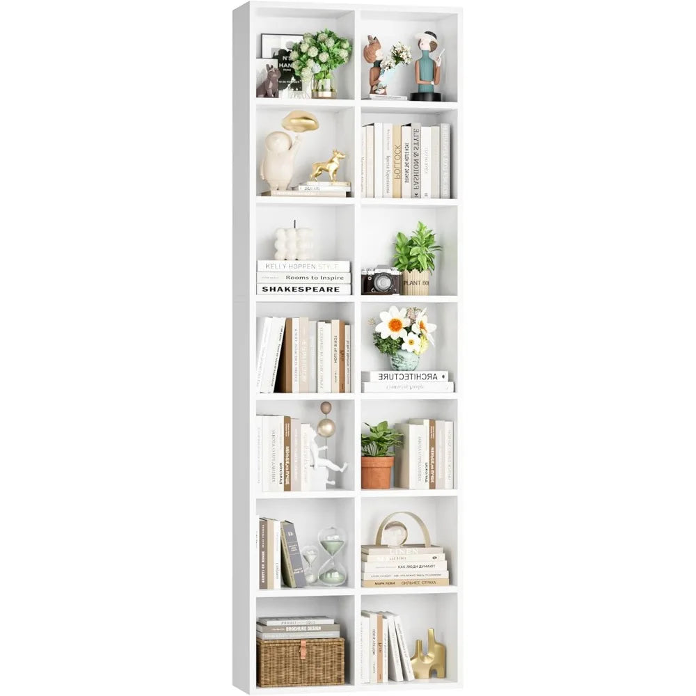 FOTOSOK 71'' White Bookshelf, Double Wide Media Tower Rack CD DVD Rack Display Cabinet with Adjustable Shelves, Tall Narrow Book