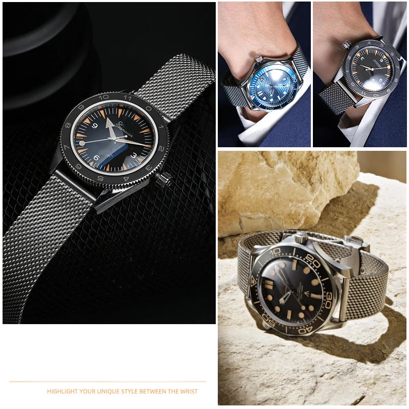 20mm Mesh Stainless Steel Watch Strap Folding Butterfly Buckle Quick Release Metal Band Man Bracelet for 007 Seamaster