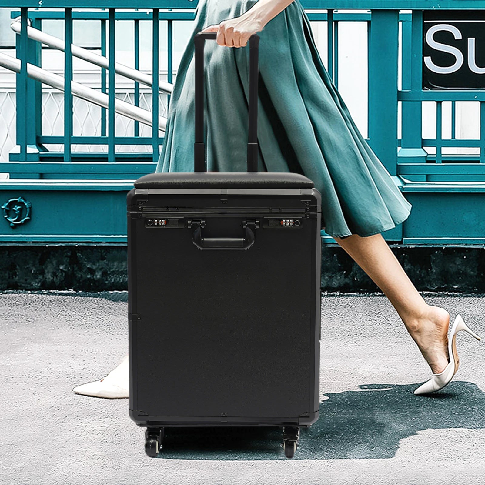 3 Drawers Rolling Makeup Case Tattoo Suitcase Mobile Manganese Steel Makeup Case with Combination Lock 4 Wheels 2 Brakes