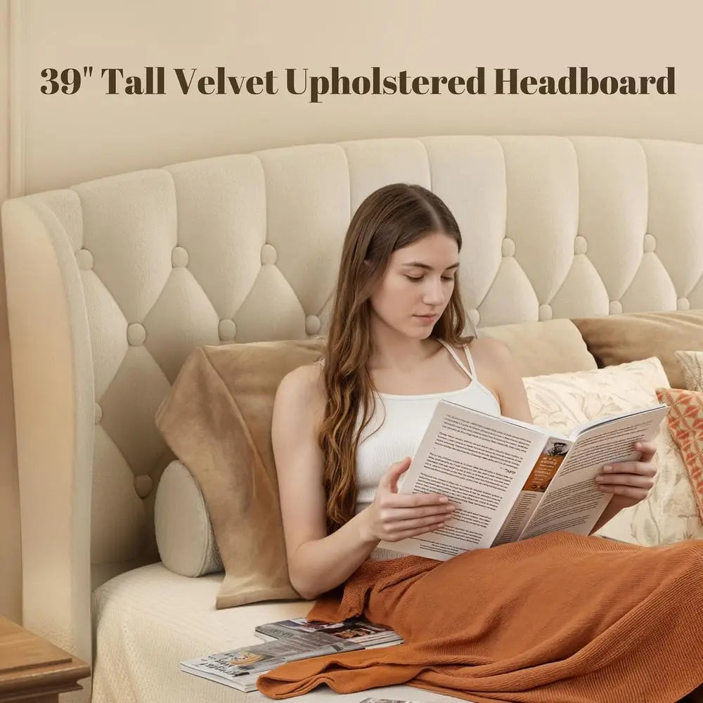 Queen Bed Frame, Velvet Upholstered Sleigh Bed with Wingback Headboard & Scrolled Footboard, No Box Spring Needed, Sturdy Suppor