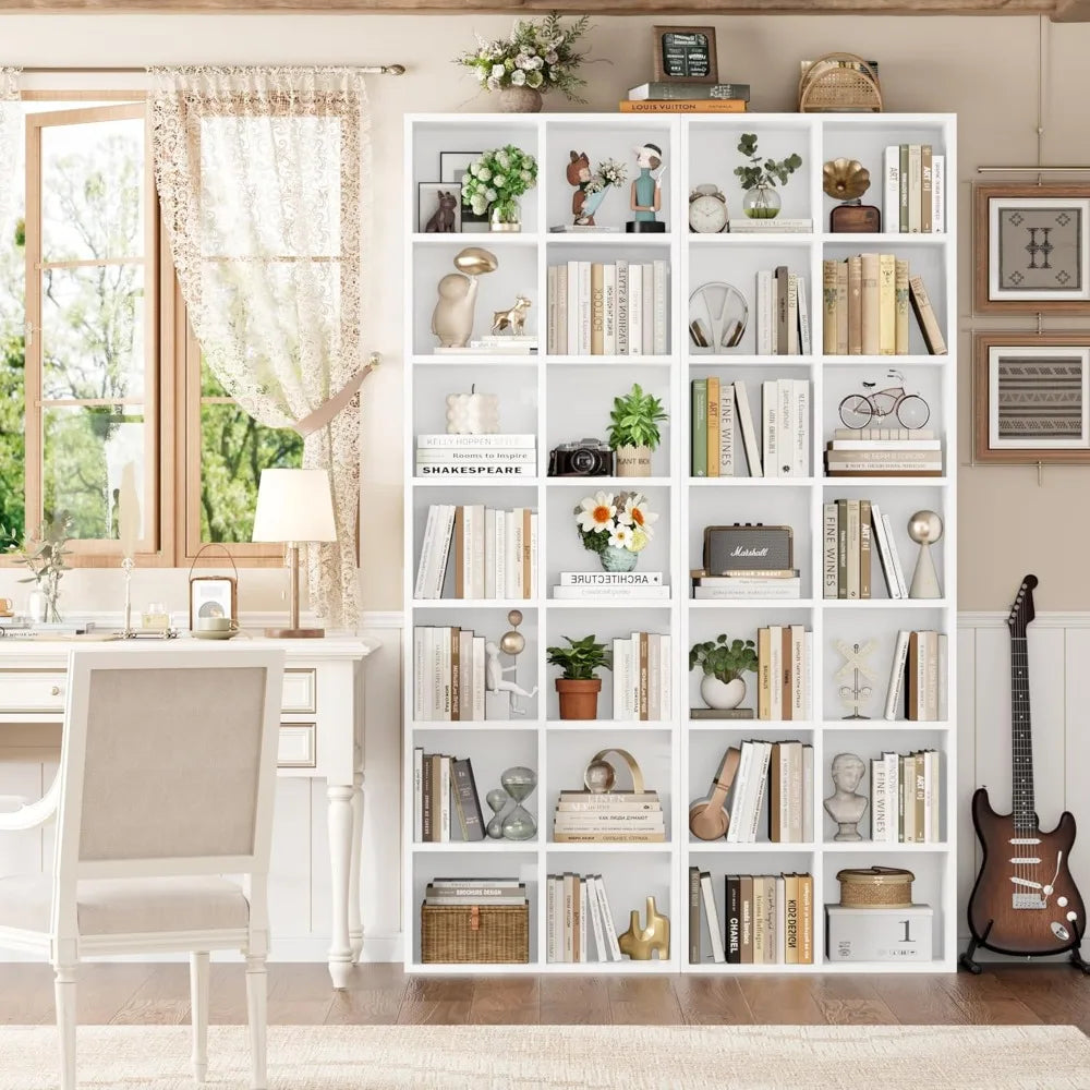 FOTOSOK 71'' White Bookshelf, Double Wide Media Tower Rack CD DVD Rack Display Cabinet with Adjustable Shelves, Tall Narrow Book