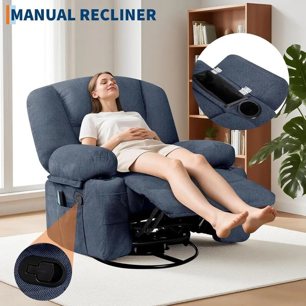 Oversized Wide Recliner Chair-Heat and Vibration Massage, 360° Swivel Rocker Chair or Adults,Chenille abric Manual Recliner with