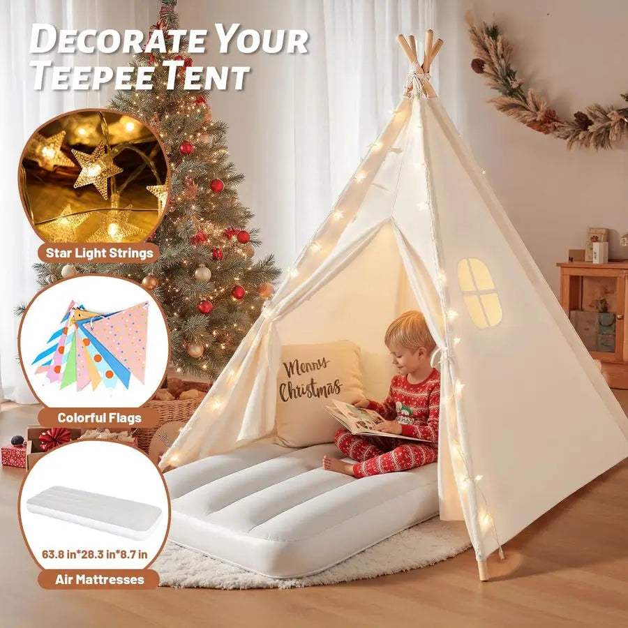 2 Pack Teepee Tent for Kids with Inflatable Airbed, Indoor Play Tent Foldable for Boys Girls Party Sleepover Slumber Gifts Toy