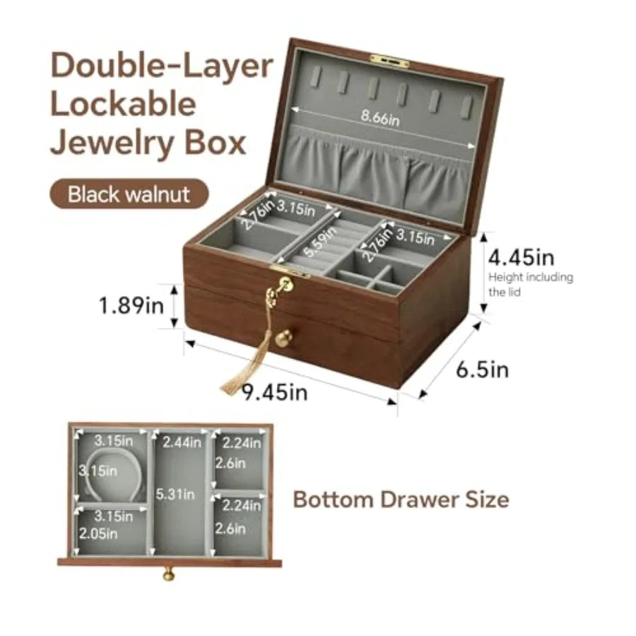 Jewelry Box Organizer for Women and Men Wooden Jewelry Box with Velvet Lining Black Walnut Double Layer Earring Ring Necklace O