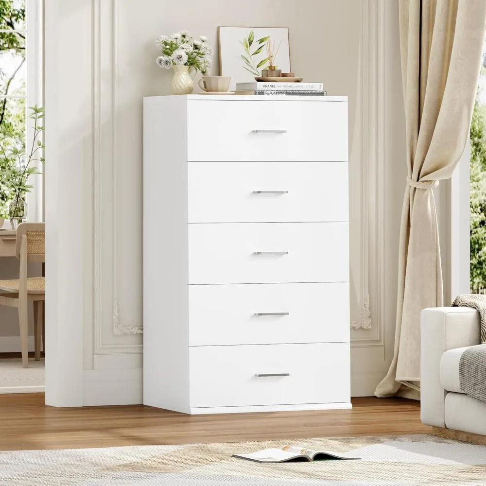 Modern Tall White Dresser with 5 Drawers, Metal Handles, Suitable for Living Room