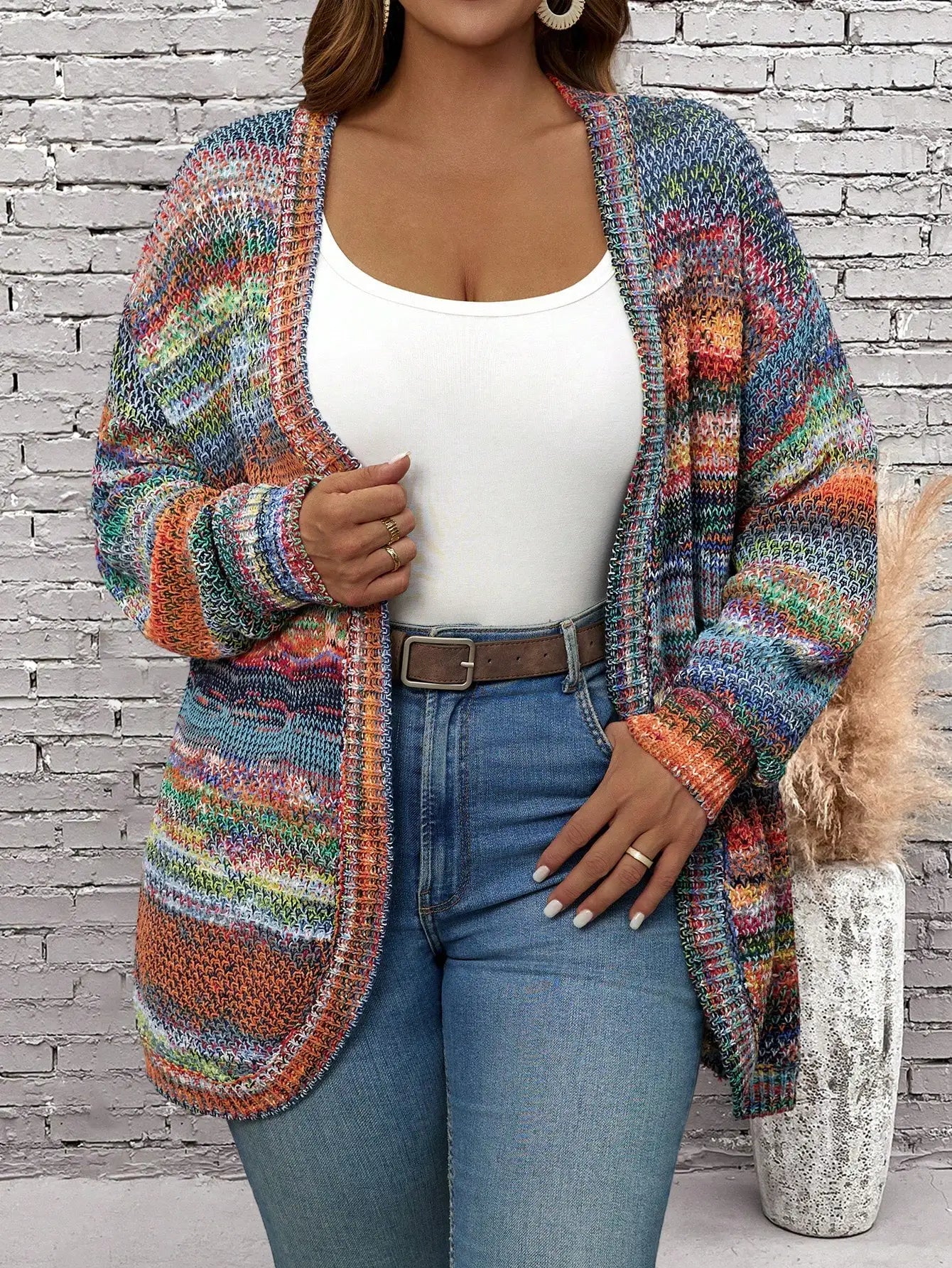 Plus Size Allover Print Casual Knitted Long Sleeve Cardigan, For Winter Fall