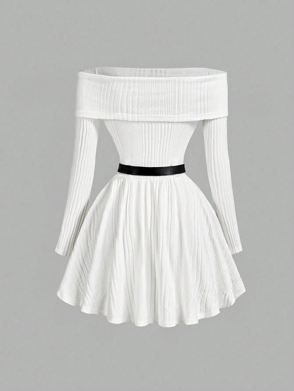 White Off-Shoulder Long Sleeve Knit Dress with Belted Waist and Flared Skirt