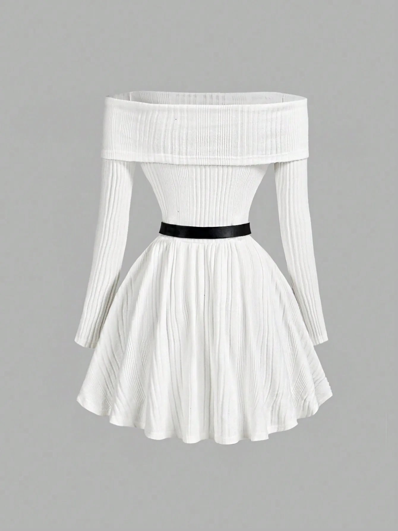 White Off-Shoulder Long Sleeve Knit Dress with Belted Waist and Flared Skirt
