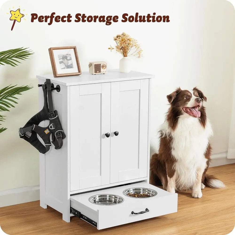 Elevated Dog Bowls Storage Cabinet, Wood Pet Feeder Station Organizer, White