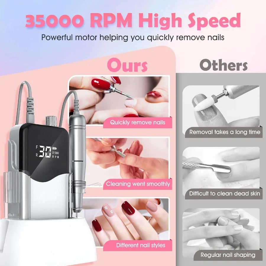 Portable Rechargeable Nail Drill Tool Kit with 35000RPM HighSpeed Electric Nail File and LED Display for Professional Manicure