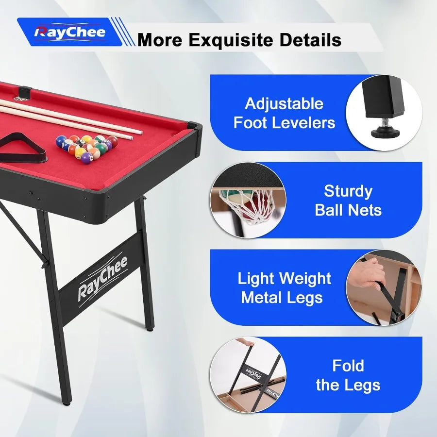 Portable Folding Pool Table with Locking Legs and Adjustable Feet Mini Billiard Game for Adults and Includes Balls Cues Triangl