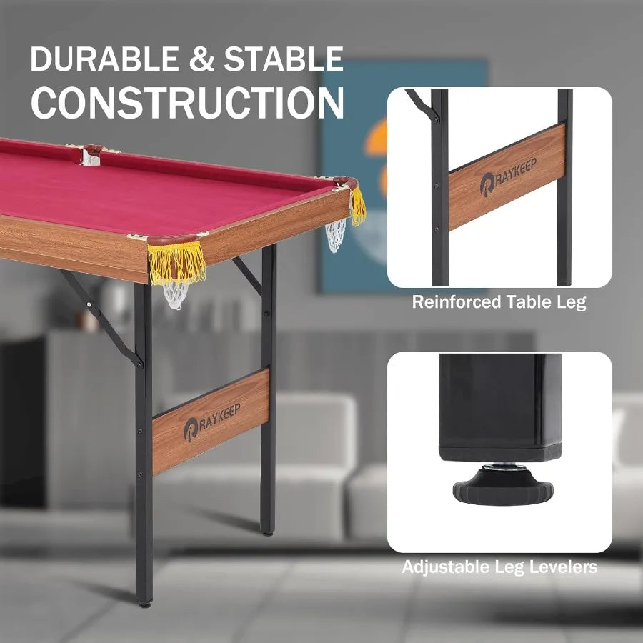 54 Portable Pool Table - Compact Wooden Billiard Table with 2 Cues Triangle Rack Chalk Brush - Ideal for Home Game Room Indoor