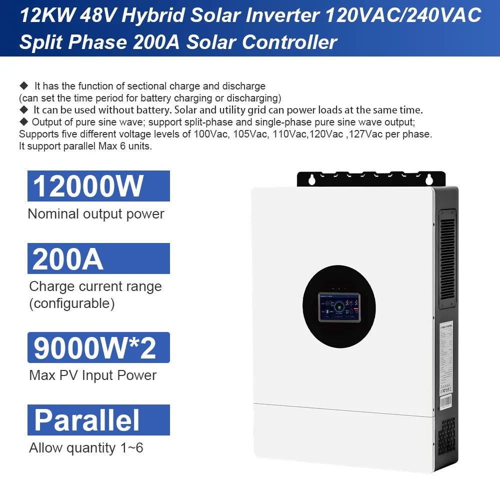 12KW 48V Solar Hybrid Off Grid Inverter 120V 240V Split Phase Dual MPPT Parallel