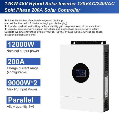 12KW 48V Solar Hybrid Off Grid Inverter 120V 240V Split Phase Dual MPPT Parallel