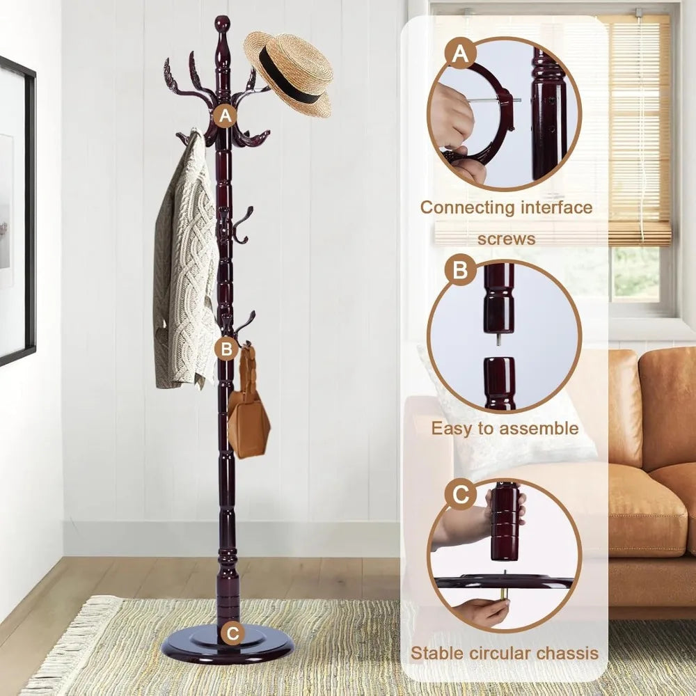 Solid Wood Coat Rack, Free Standing Hall Coat Tree with 14 Hooks, 3 Height Options, 300lbs Load, Stury Base, Clothes Rack for En