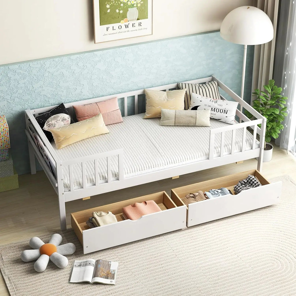 Wood Twin Bed Frame with Fence Rails, 2 Drawers & Side Shelf, No Box Spring Needed, Solid Wood Slats Daybed for Kids and Teens (