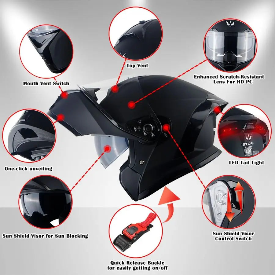 New Motorcycle Bike Modular Full Face Helmet Dual Visor Sun Shield with Rechargeable LED Tail Light LEDX90 Arrow Green