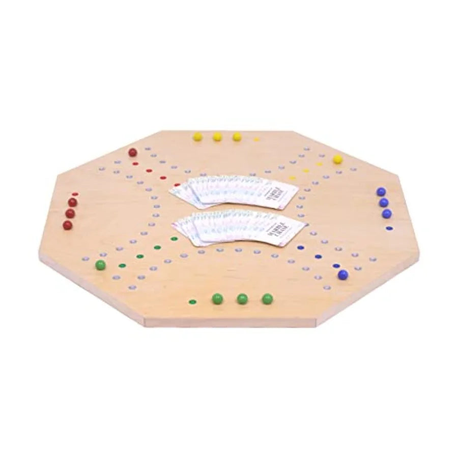 Marble Chase Wooden Game Set with DoubleSided 23 Wide Board for Family Entertainment and Indoor Play Includes Playing Cards and