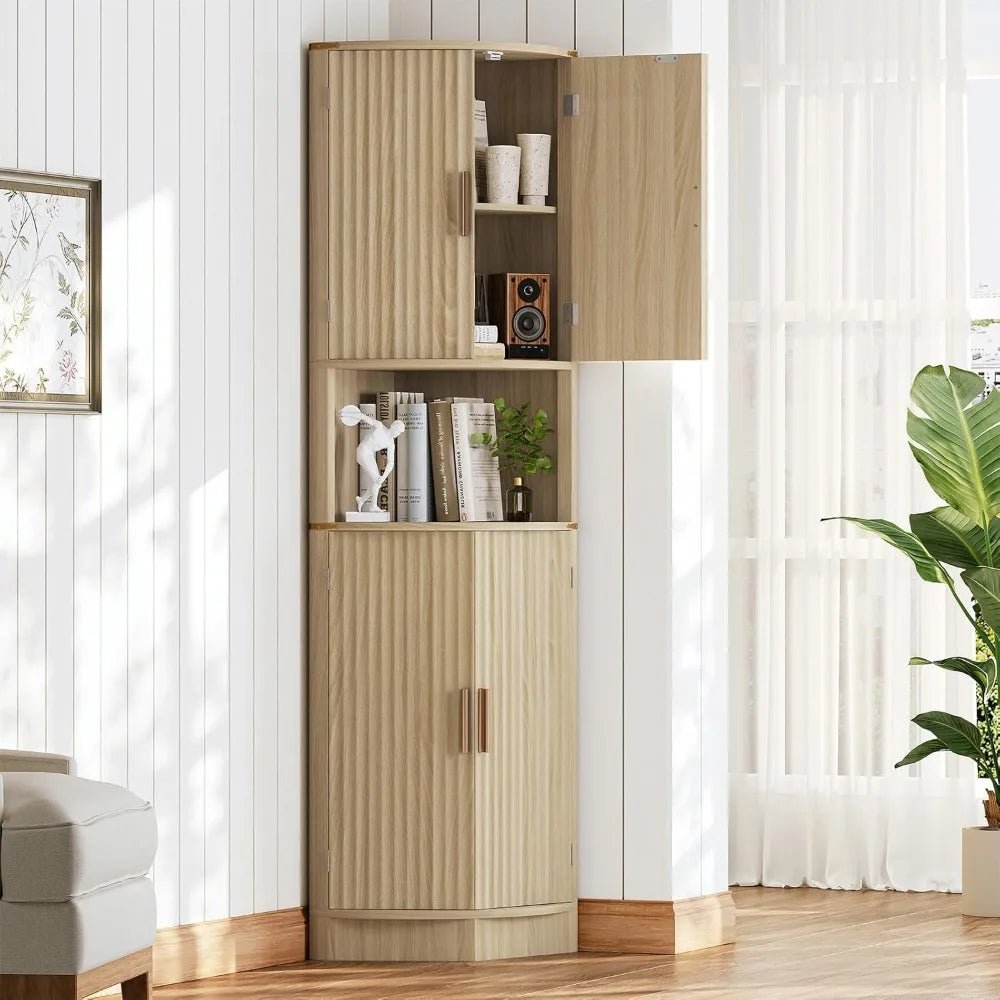 Maupvit 68 Tall Corner Storage Cabinet with 4 Doors and 5 Shelves, Modern Fluted Storage Cabinets, Corner Pantry Hutch Cupboard