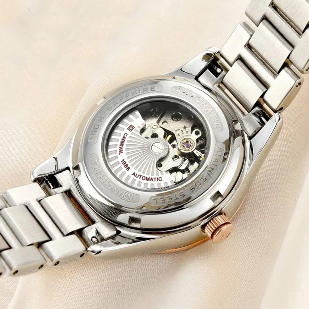Elegant Blue Sapphire Waterproof Automatic Mechanical Watch for Women, Rose Gold Stainless Steel